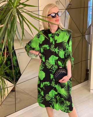 Siyah,neon yeşil deniz esintili,düğmeli, Capri kadın elbise