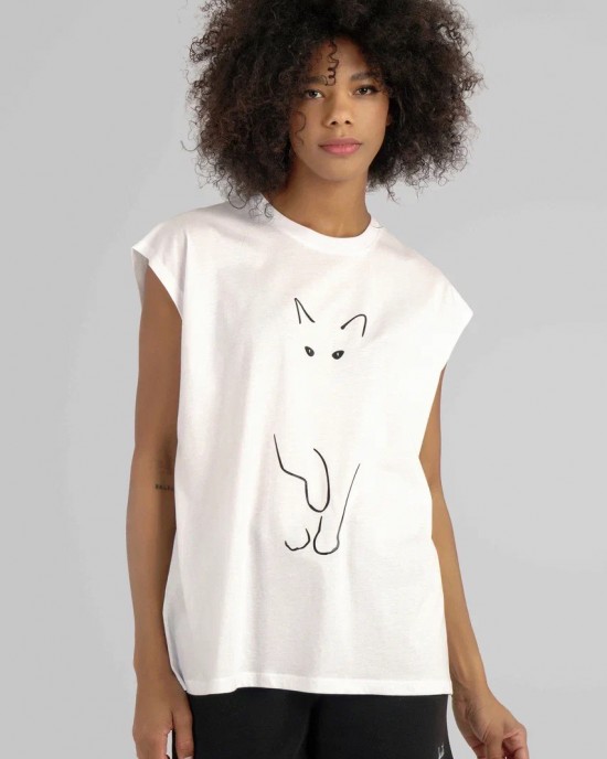 Beyaz kedi baskılı japone kol kadın tişört